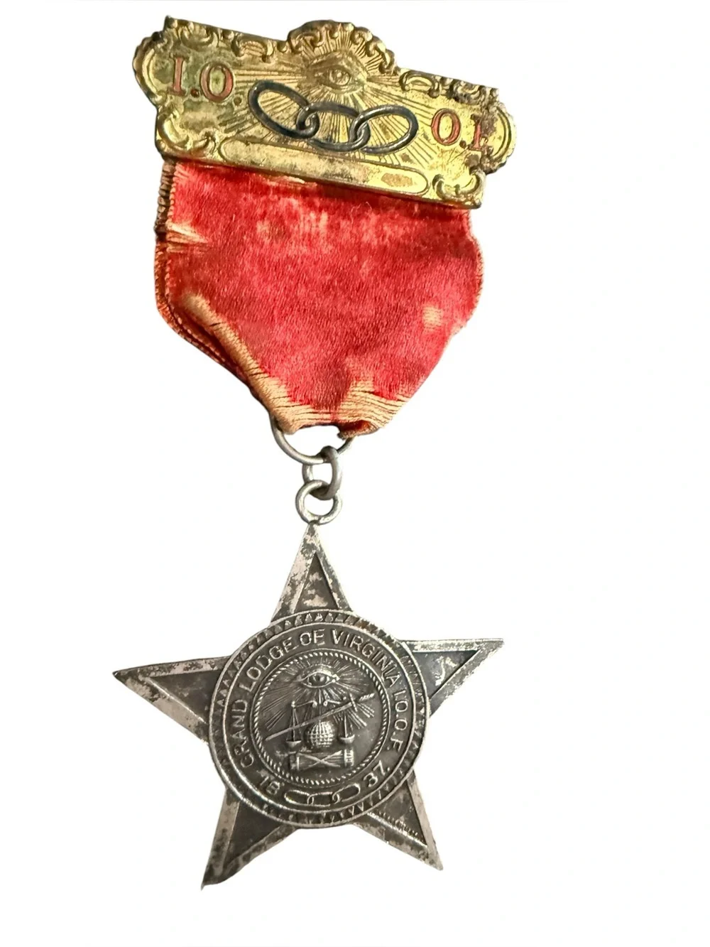 Antique Order of Odd Fellows (IOOF) medal, with Red Velvet Ribbon 1937